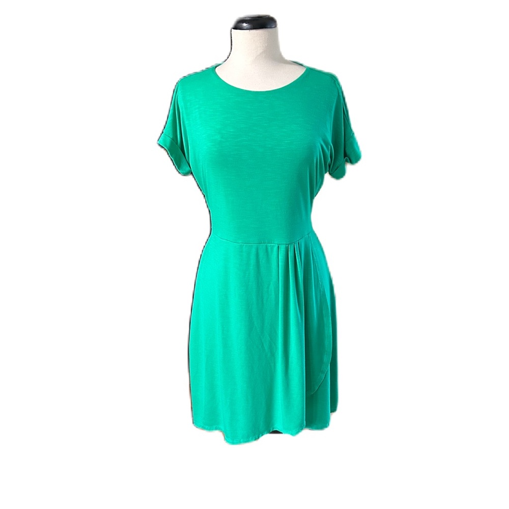 Chaps Sz M Kelly Green Short Sleeve Midi A-Line Dress Modest Career Trad Wife - Picture 1 of 4